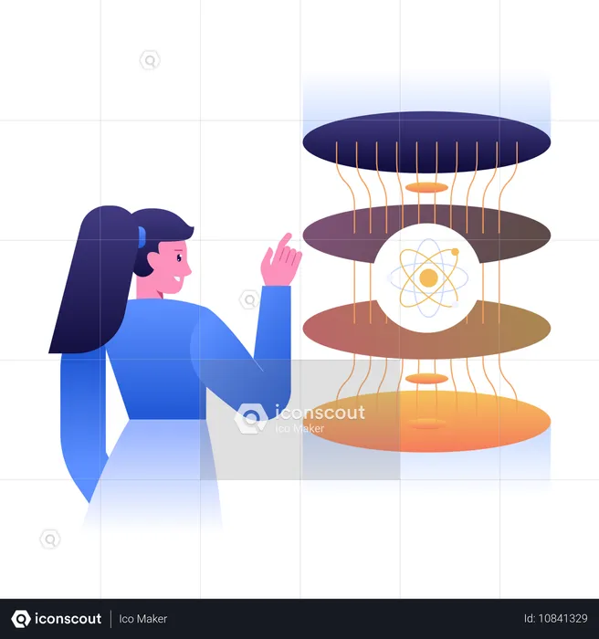 Quantum computing concept with layered quantum states and an atom symbo  Illustration