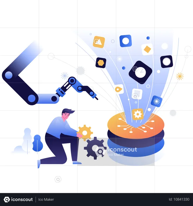 Quantum Internet Innovations technology concept with person and robotic arm  Illustration