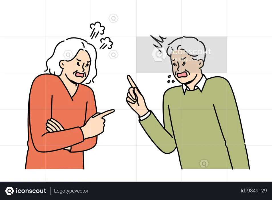 Quarrel elderly man and woman expressing mutual complaints accumulated over years of marriage  Illustration