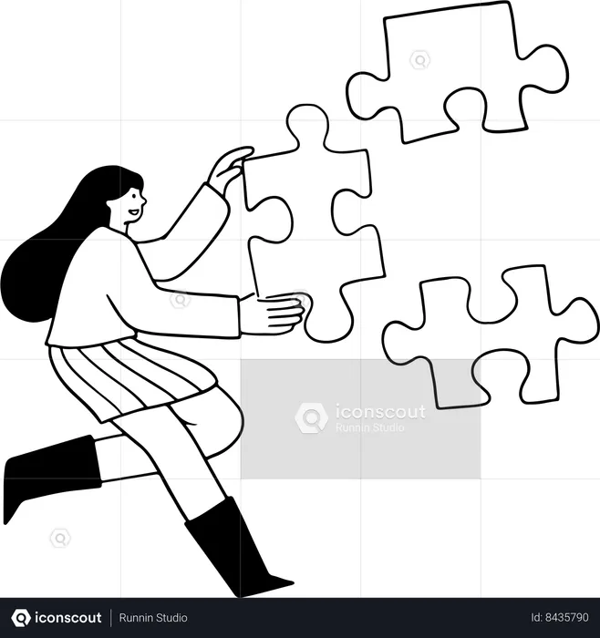 Jovem mulher conectando quebra-cabeça  Ilustração