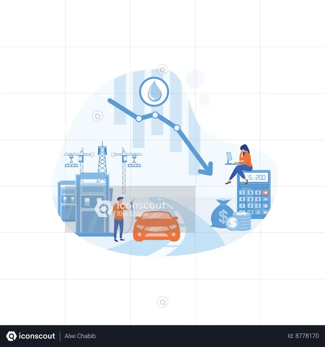 Preço do petróleo diminuindo. Crise do mercado petrolífero. Impacto do coronavírus na queda do preço do petróleo  Ilustração