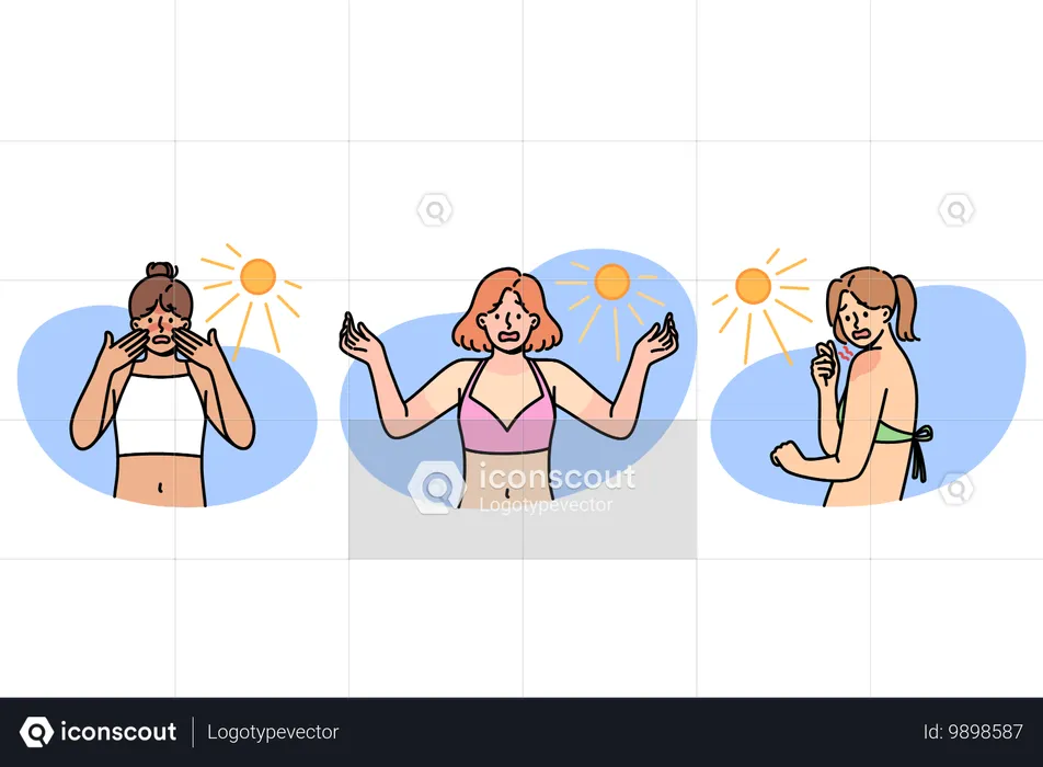 Quemaduras solares en cuerpos de mujeres conmocionadas que se relajan en la playa y no usan protector solar ni rayos ultravioleta  Ilustración