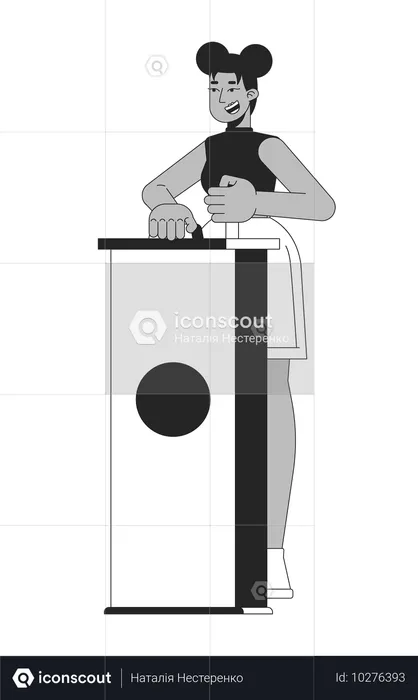 Quiz show participant black woman pushing button  Illustration