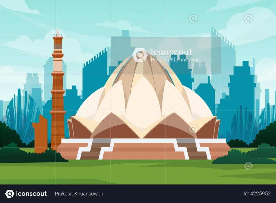 Qutub Minar and Lotus Temple in india  Illustration