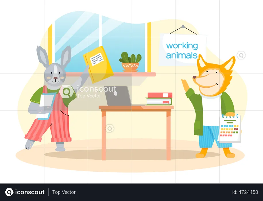 Rabbit and fox working in office  Illustration