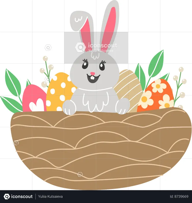 Rabbit And Painted Eggs In Nest  Illustration