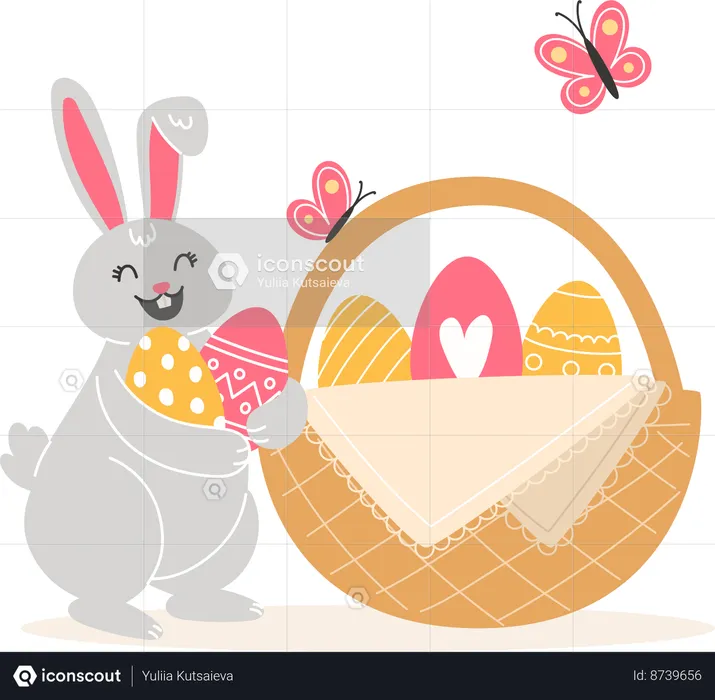 Rabbit And Painted Eggs In Wicker Basket  Illustration