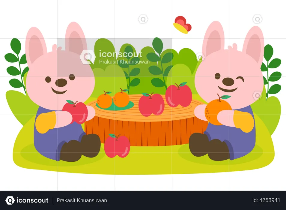 Rabbit couple picnic in park  Illustration