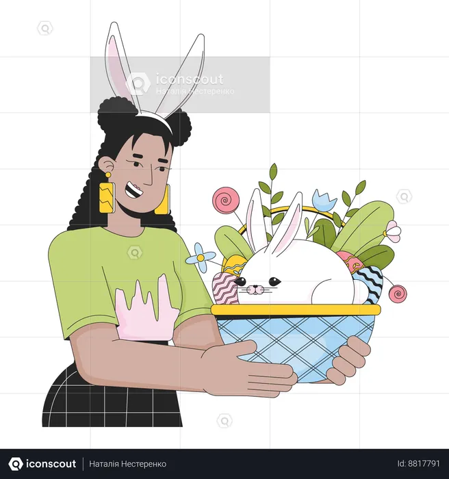 Rabbit ears woman holding Easter bunny basket  Illustration