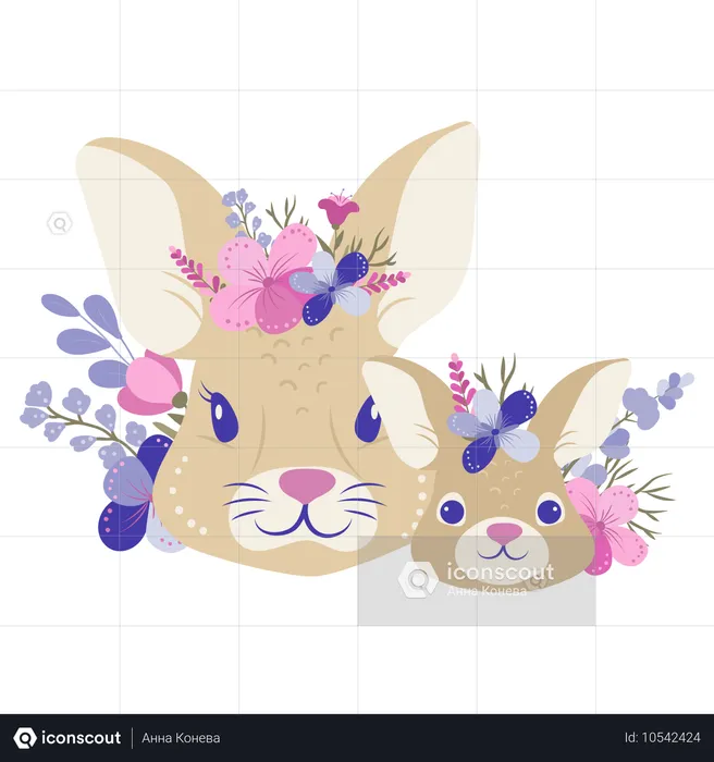 Rabbit mother and baby rabbits with flowers  Illustration