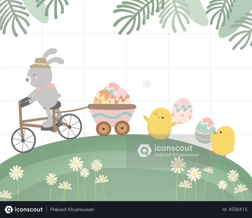 Rabbit riding bicycle with easter eggs and chick holding egg  Illustration