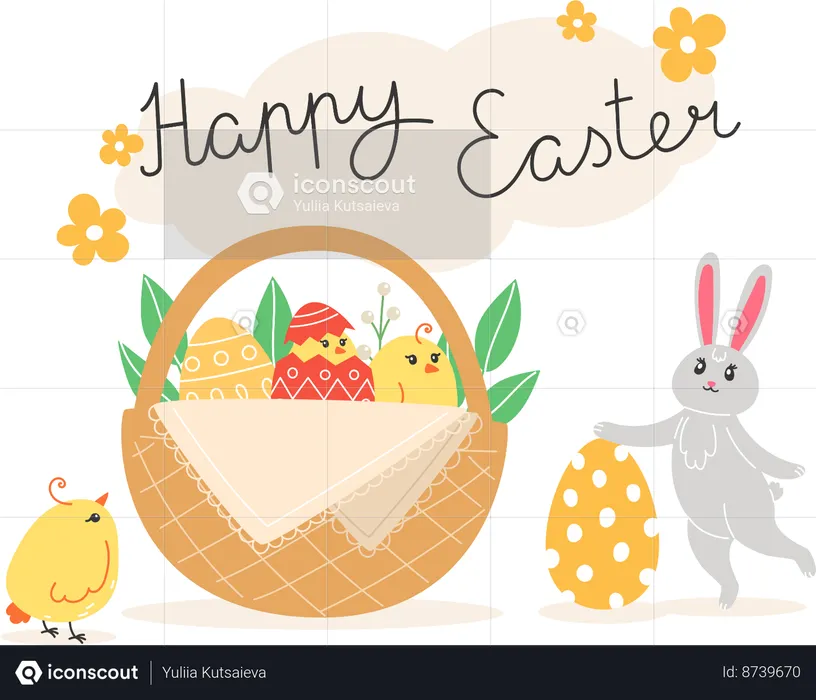 Rabbit Showing Chickens And Painted Eggs In Wicker Basket  Illustration