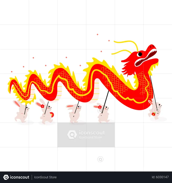 Rabbits doing traditional Chinese dragon dance  Illustration