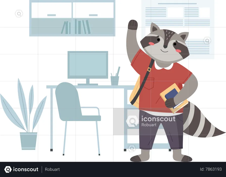 Raccoon schoolboy with notebook and waving his hand  Illustration