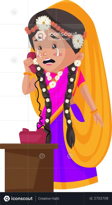Radha crying while talking on phone  Illustration