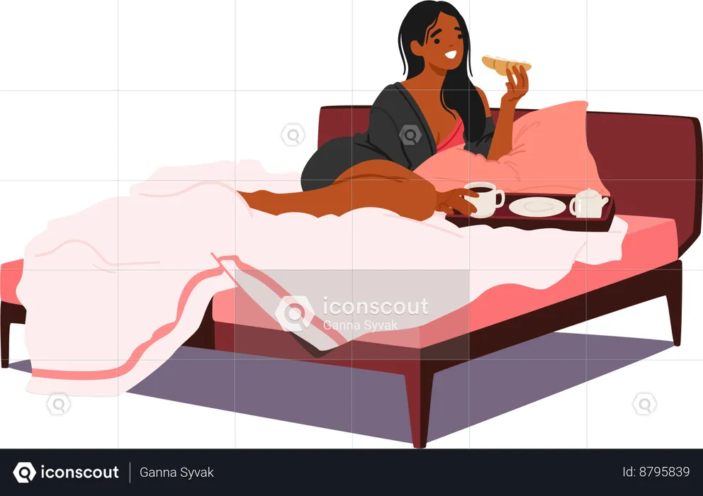 Radiant Morning Light Kisses Face of Black Female As She Indulges In  Sumptuous Breakfast In Bed  Illustration