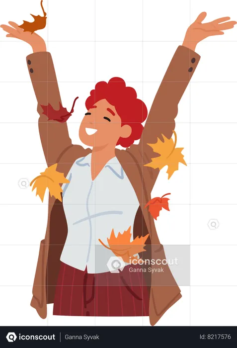 Radiant young woman joyfully tosses up vibrant autumn leaves  Illustration