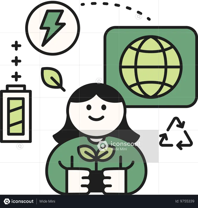 Ragazza che tiene la pianta mentre usa l'energia ecologica  Illustration