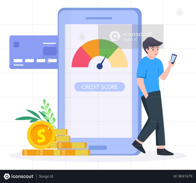 Ragazzo che controlla il punteggio di credito sul cellulare  Illustration