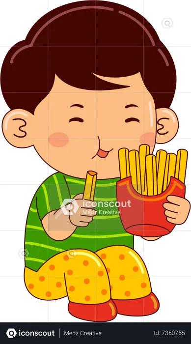 Ragazzo che mangia patatine fritte  Illustration