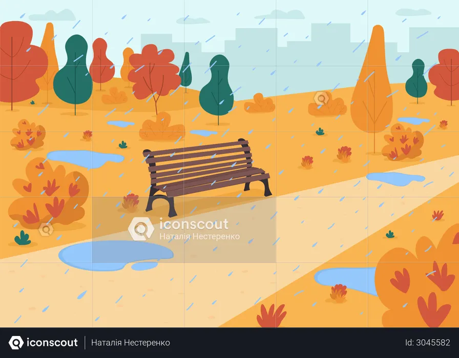 Rain in autumn park  Illustration