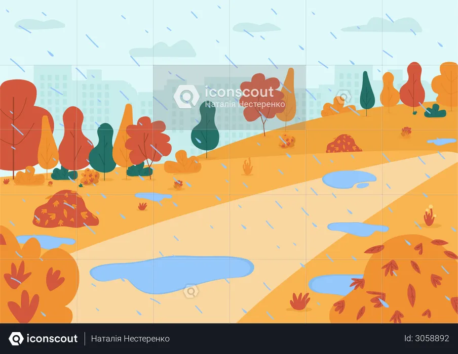 Rain in park  Illustration
