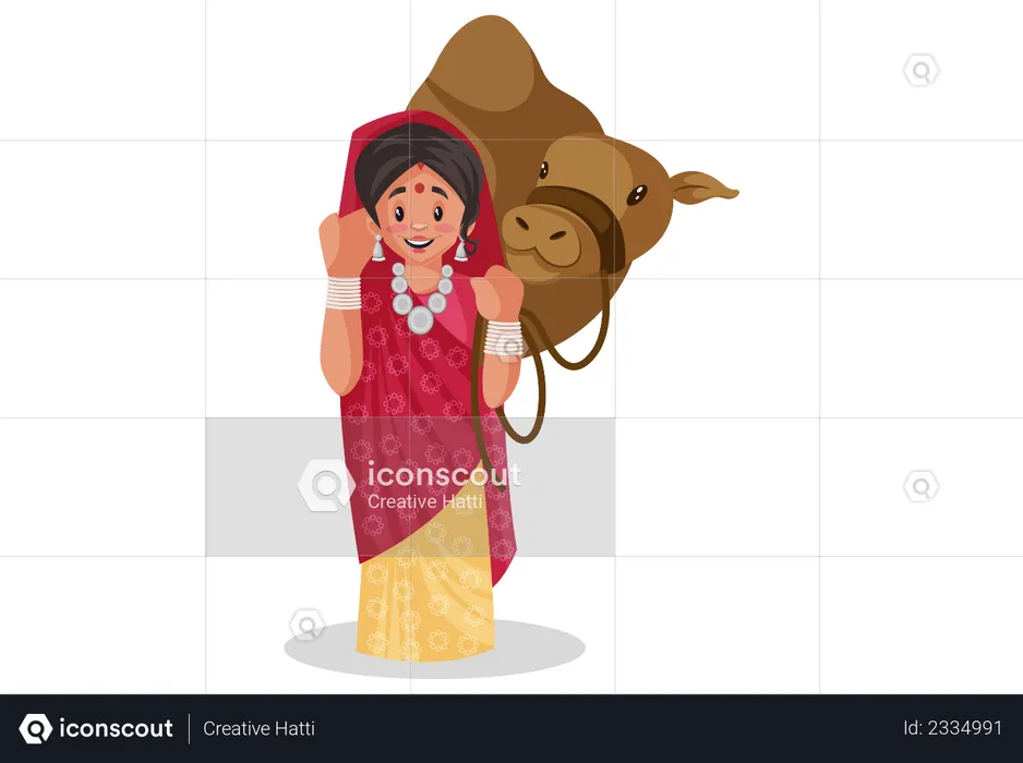 Rajasthani Frau steht mit Kamel  Illustration