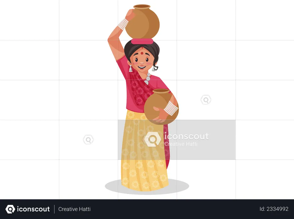 Rajasthani woman carrying clay water pots  Illustration