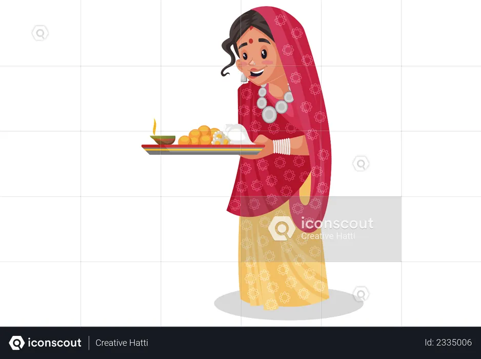 Rajasthani woman doing worship of god  Illustration