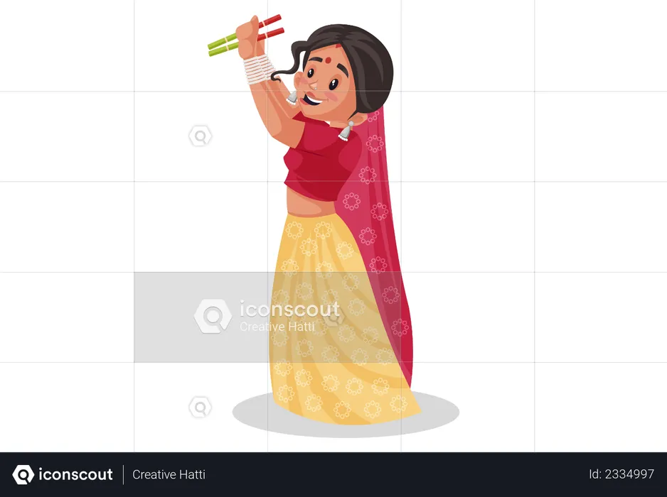 Rajasthani woman holding wooden sticks  Illustration