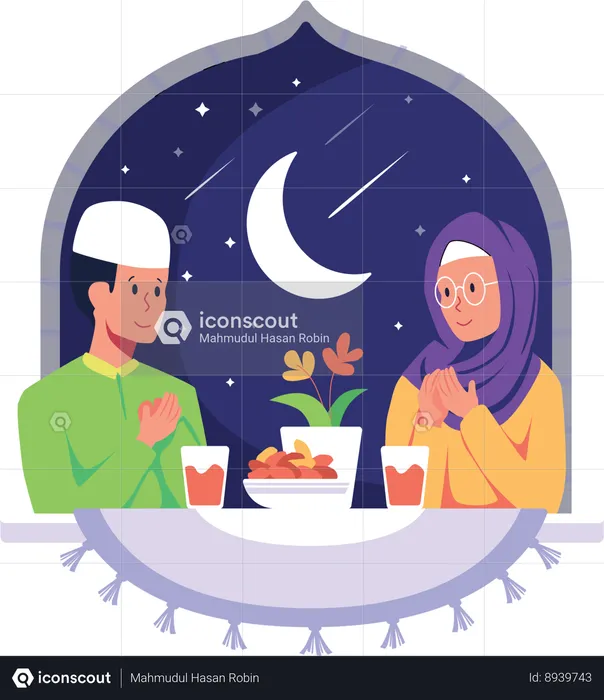 Ramadan Couple doing iftar Prayer  Illustration