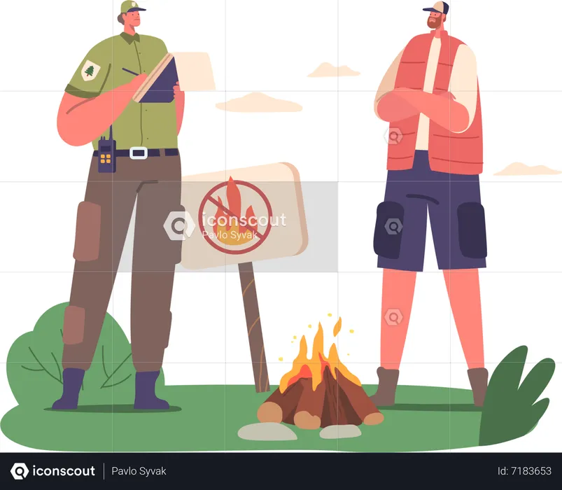 Ranger Forester Issues Fine For Man Intruder Burning Fire In Forest  Illustration