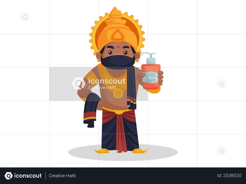 Ravan wearing mask and holding sanitizer in hand  Illustration