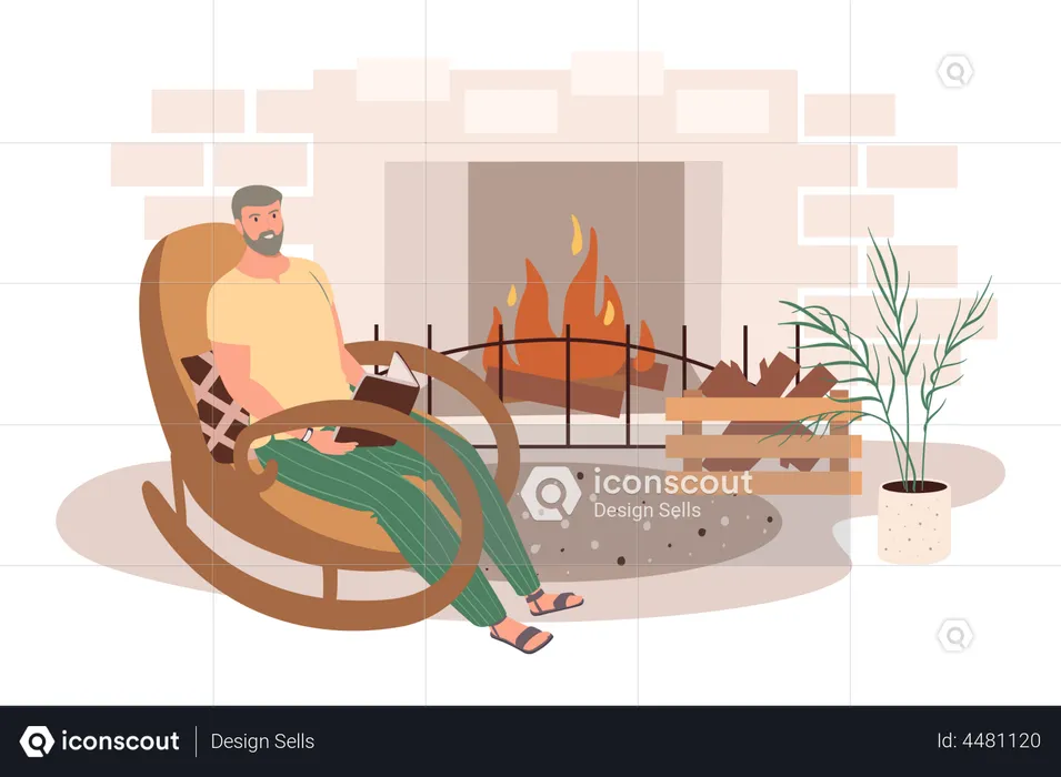 Reading Book By Fireplace Illustration