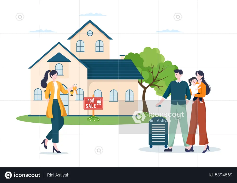 Real estate agent giving house key to family  Illustration