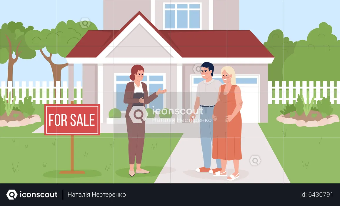 Real estate agent showing home to pregnant couple  Illustration