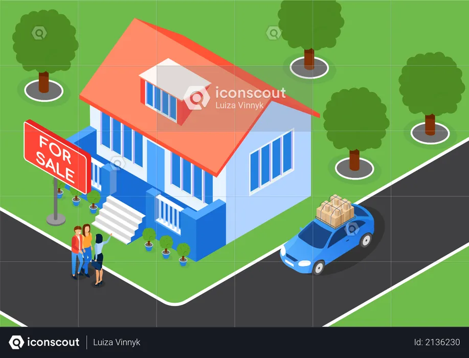 Real estate agent showing house to customers  Illustration