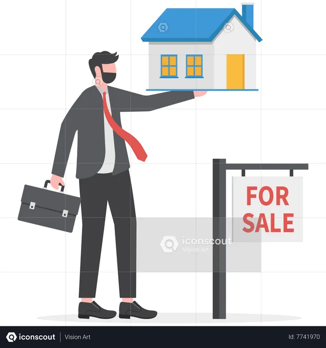 Real estate broker at work shows the house for sale  Illustration