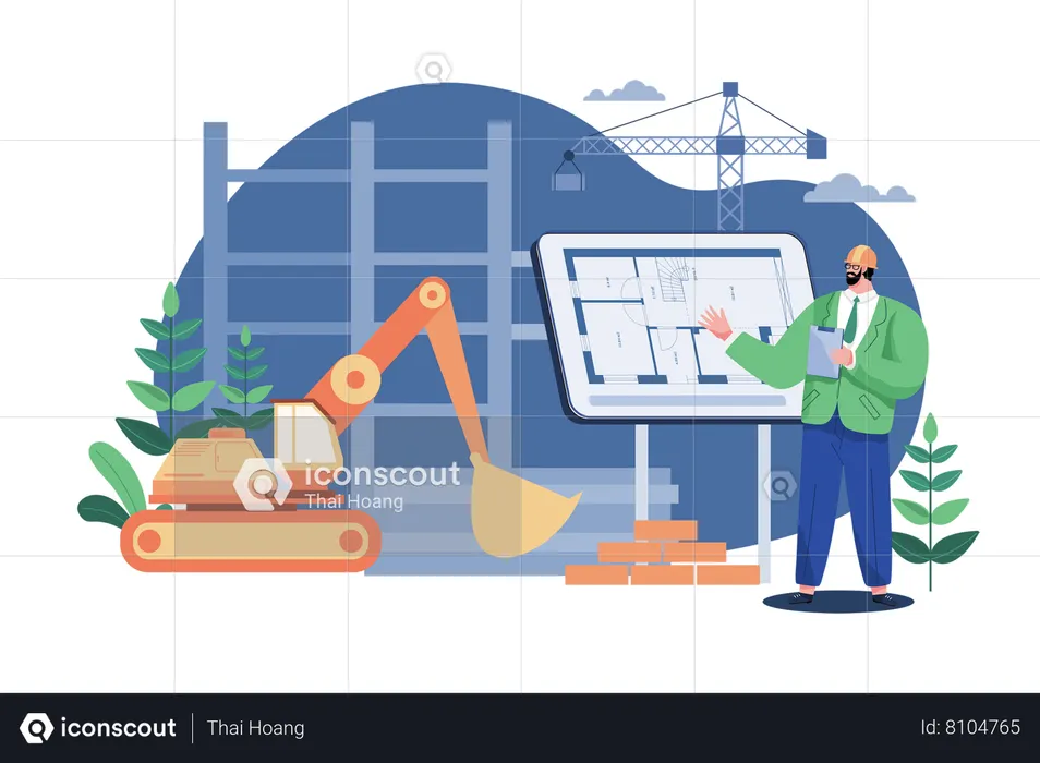 Real Estate Developer Checking Work Of Building  Illustration