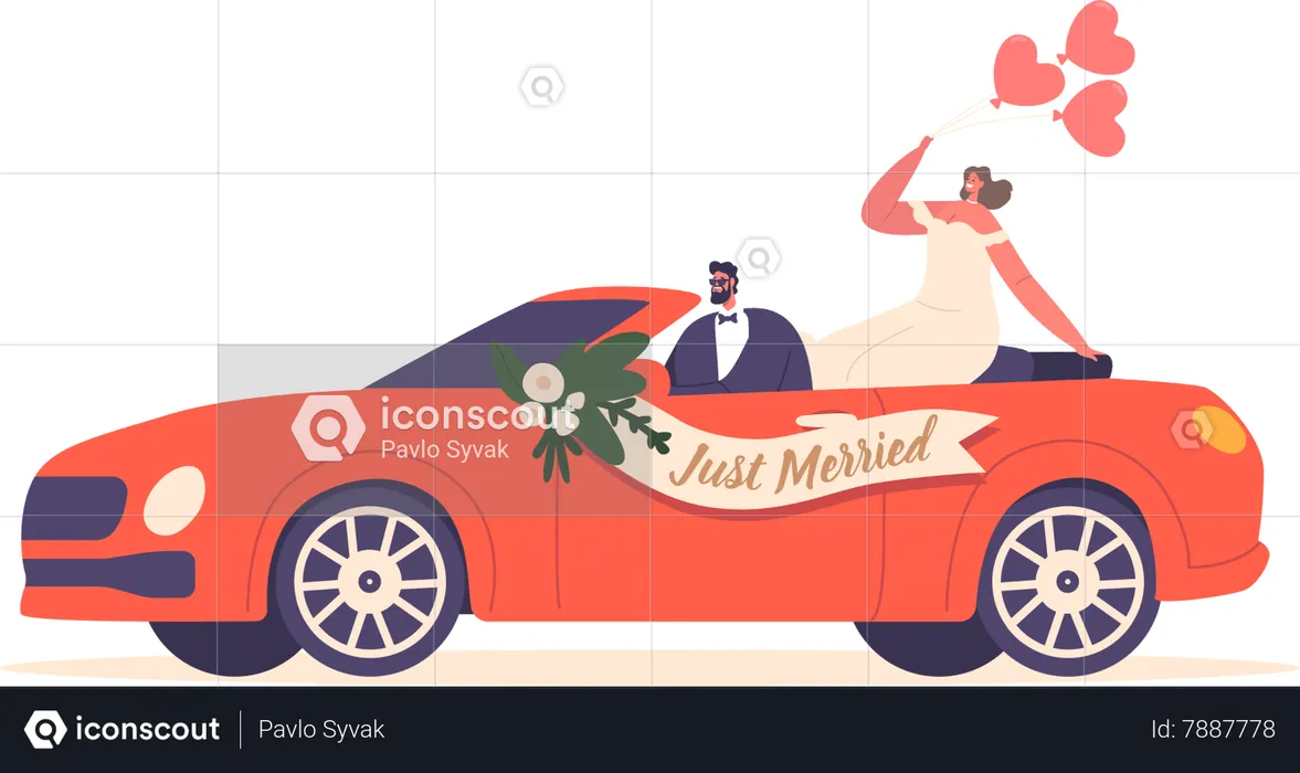Recém-casados dirigem um carro decorado  Ilustração