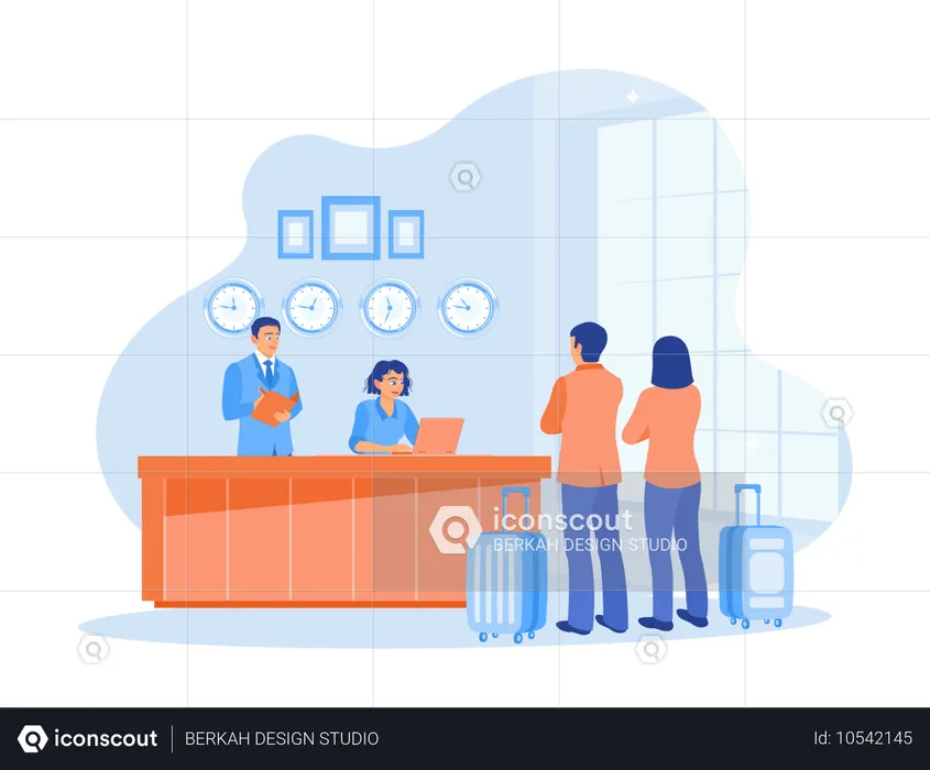 Recepcionistas masculinos e femininos em pé na mesa de trabalho  Ilustração