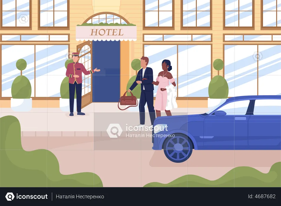 Receptionist greeting guests at luxury hotel  Illustration