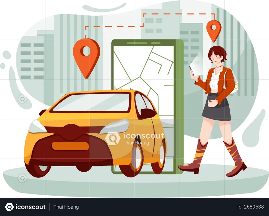 Touriste recherchant un taxi en ligne pour voyager  Illustration