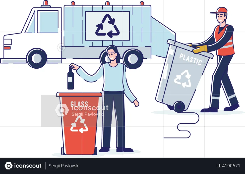 Recolector de basura cargando residuos en un camión de basura  Ilustración