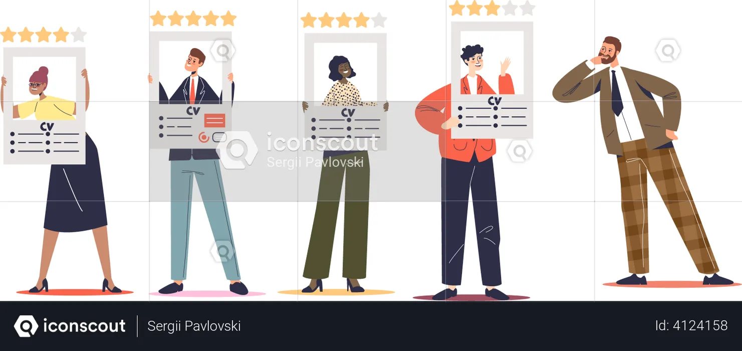 Recruiter man choosing applicant for job position from group of job seekers holding cv resumes  Illustration