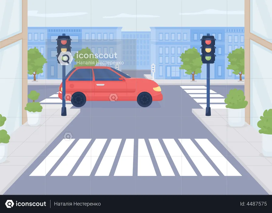 Red car crossing road  Illustration