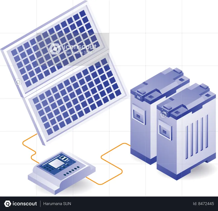 Red de energía de paneles solares con baterías.  Ilustración