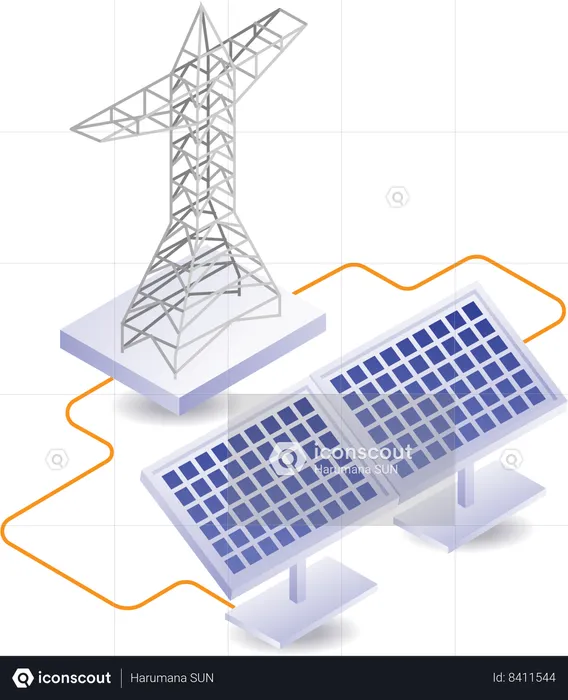 Red eléctrica a partir de energía de paneles solares.  Ilustración