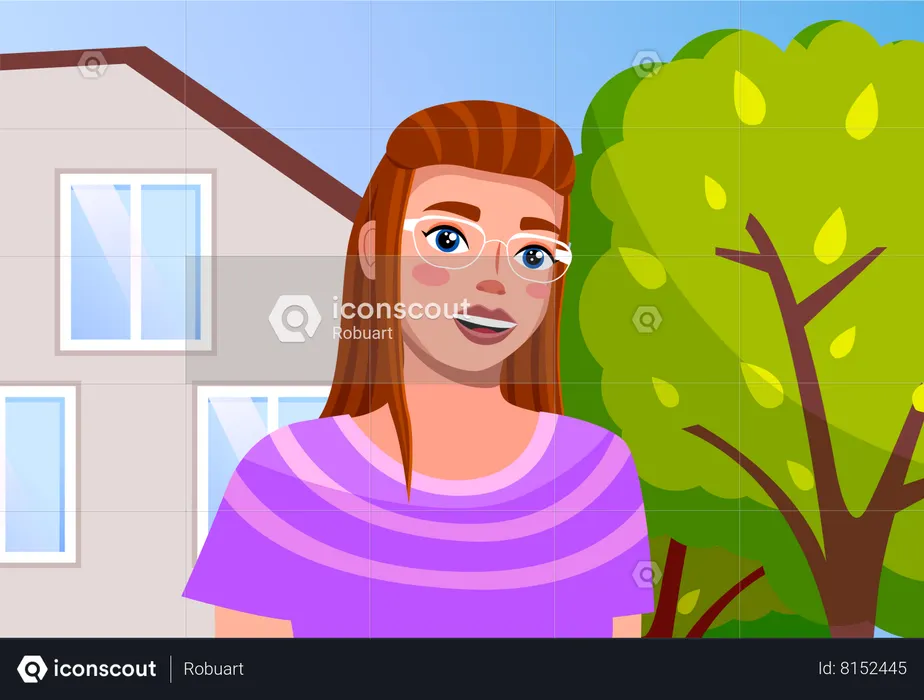 Red-haired girl in glasses at family villa house with green trees in home garden summer time  Illustration