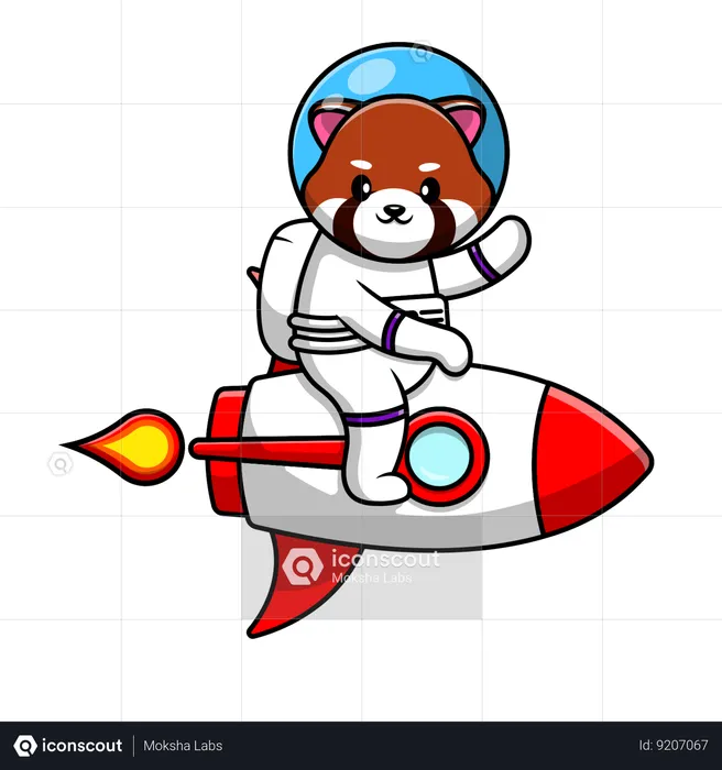 Red Panda Astronaut Riding Rocket And Waving Hand  Illustration